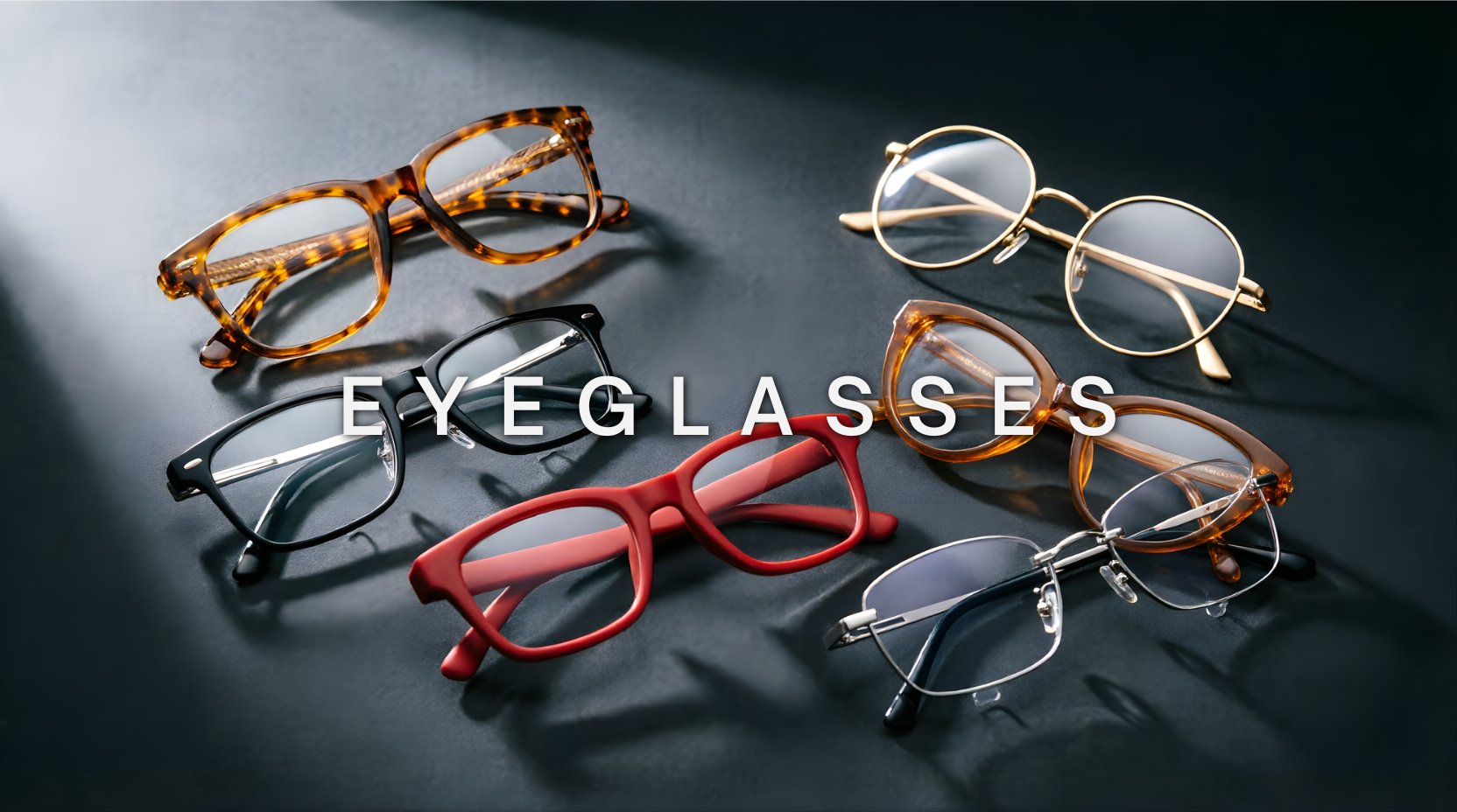 FuzWeb eyeglasses collection featuring diverse styles including tortoise shell, gold round, black rectangular, red bold, amber cat-eye, and silver rimless frames artistically arranged on dark charcoal background