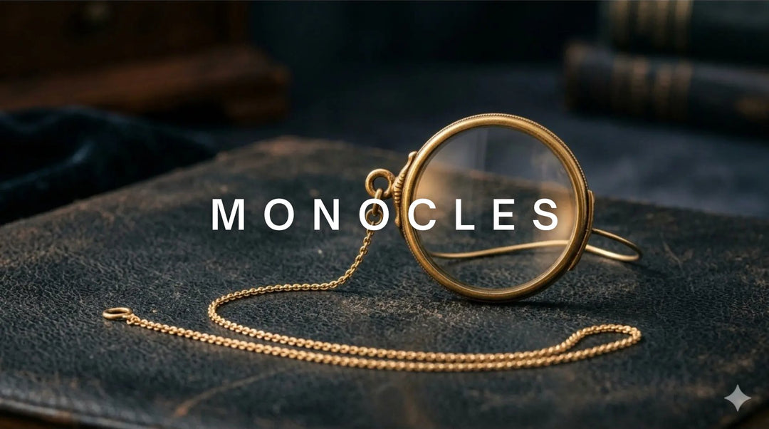 FuzWeb vintage monocles collection featuring steampunk cosplay and classic alloy monocles with chains on warm amber-brown studio background with dramatic side-right lighting