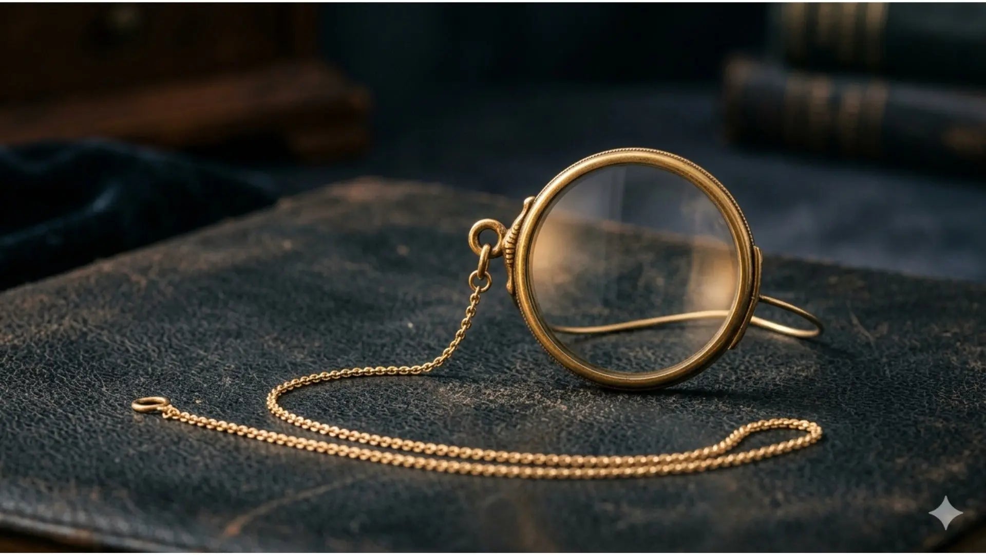 Antique gold monocle with polished brass frame and delicate chain on dark textured surface