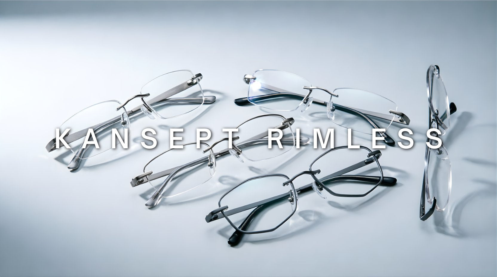 FuzWeb Kansept rimless collection featuring titanium memory alloy eyeglasses in rectangular oval and polygon styles on light cool gray studio background with soft front-left lighting