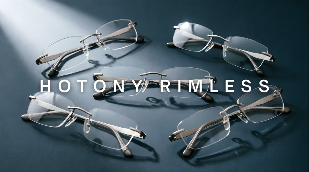 FuzWeb Hotony rimless collection featuring alloy polygon and rectangle eyeglasses with spring hinge on deep slate blue-gray studio background with natural lighting