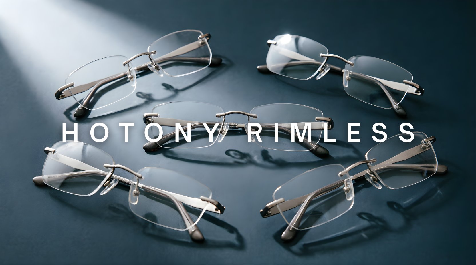 FuzWeb Hotony rimless collection featuring alloy polygon and rectangle eyeglasses with spring hinge on deep slate blue-gray studio background with natural lighting