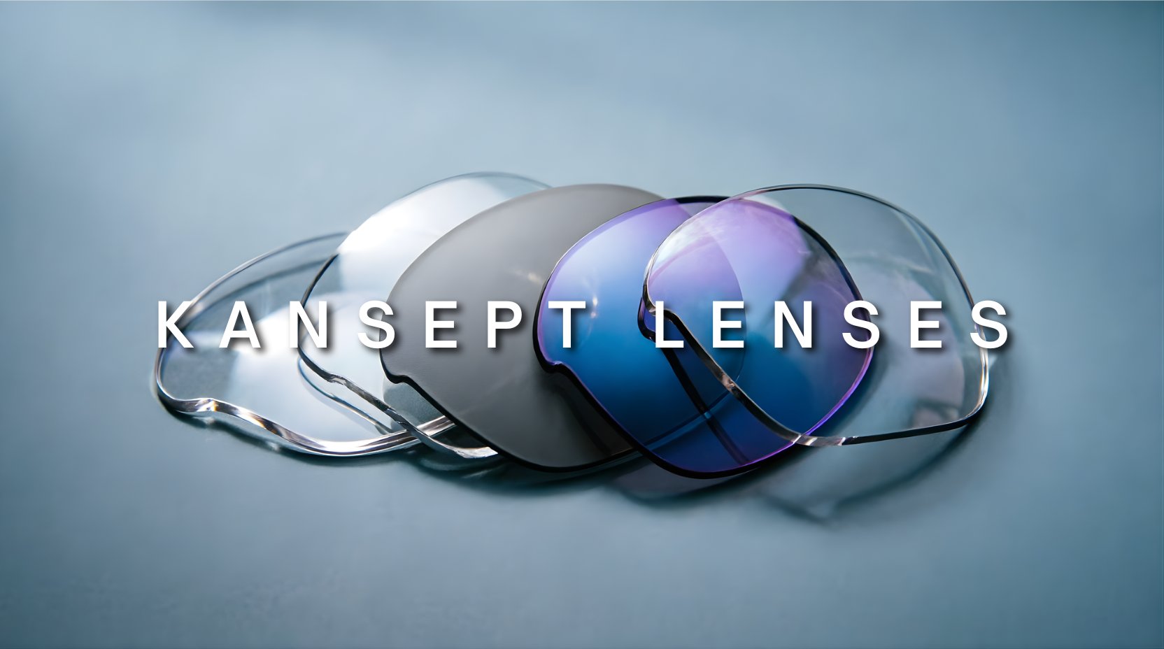 FuzWeb Kansept lenses collection featuring progressive photochromic anti-blue light and high-index aspheric lenses on soft blue-gray studio background with overhead lighting