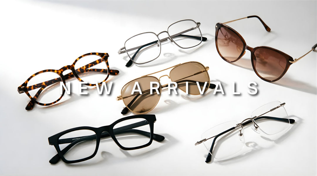 FuzWeb new arrivals collection featuring mixed eyeglasses and sunglasses in various styles on bright white studio background with natural lighting