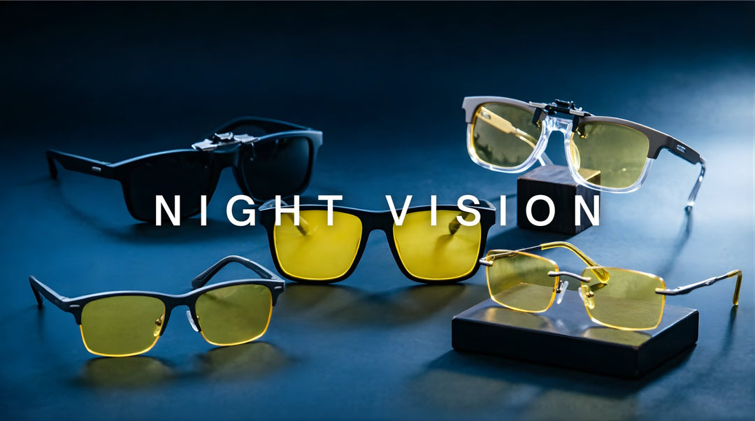 FuzWeb night vision collection featuring polarized yellow-tinted lenses clip-on and anti-blue ray eyewear on midnight blue-black studio background with dramatic rim-glow lighting