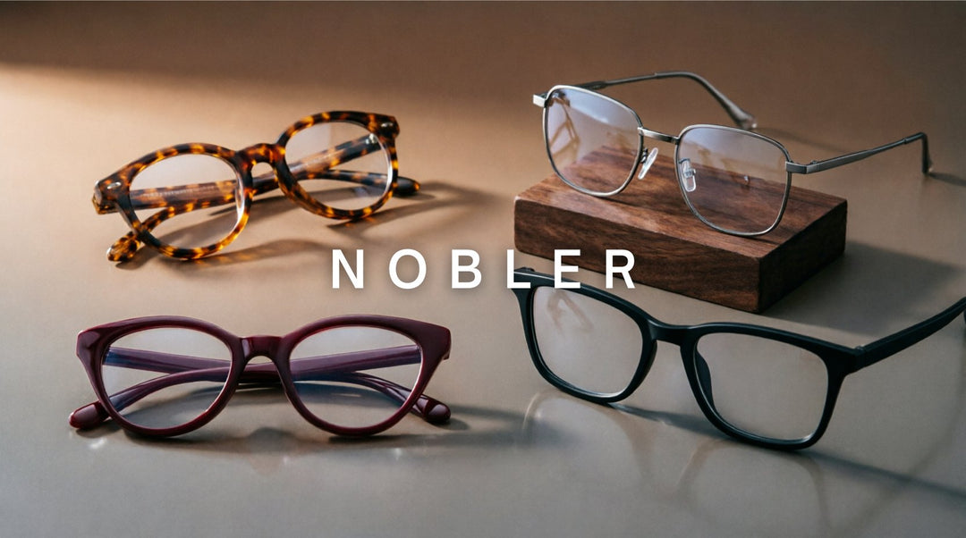 FuzWeb Nobler collection featuring thick acetate titanium eyeglasses in full rim and semi-rim styles on cognac-brown gray studio background with soft side-left lighting