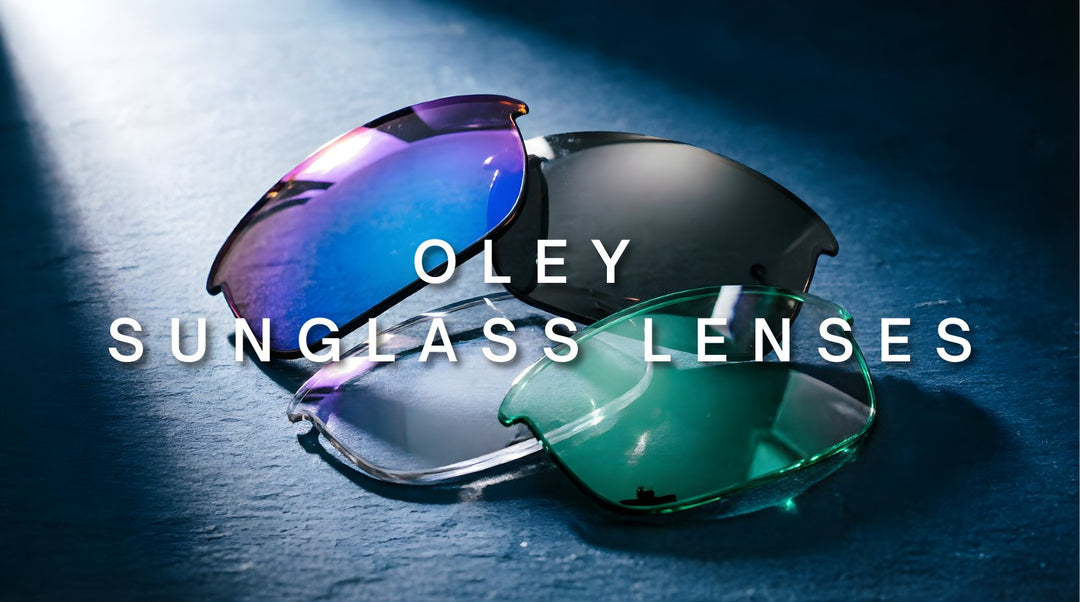 FuzWeb Oley sunglass lenses collection featuring polarized anti-blue light single vision and coated lenses on deep matte slate-blue studio background with dramatic spotlighting