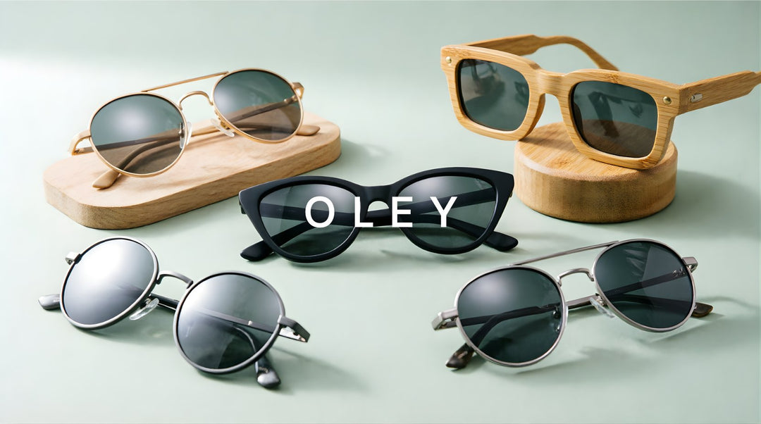 FuzWeb Oley collection featuring polarized sunglasses in bamboo TR90 alloy aluminum magnesium cat-eye round and square styles on sage-green gray studio background with natural lighting