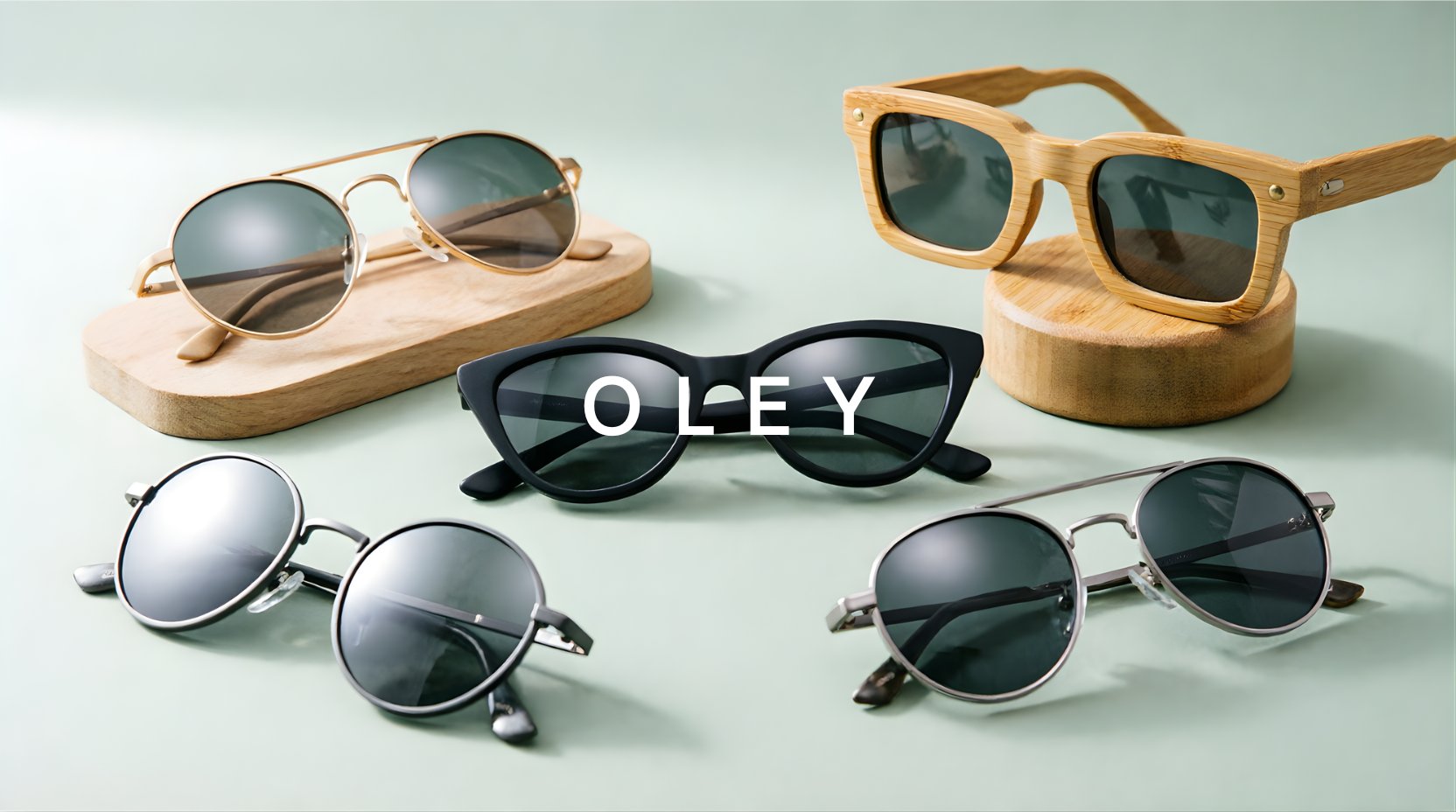 FuzWeb Oley collection featuring polarized sunglasses in bamboo TR90 alloy aluminum magnesium cat-eye round and square styles on sage-green gray studio background with natural lighting
