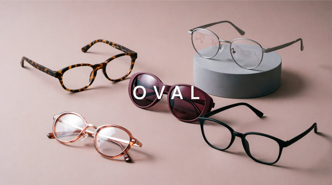 FuzWeb Oval collection featuring acetate titanium oval eyeglasses and sunglasses in full rim semi-rim oversized and small styles on dusty rose-gray studio background with soft diffused lighting