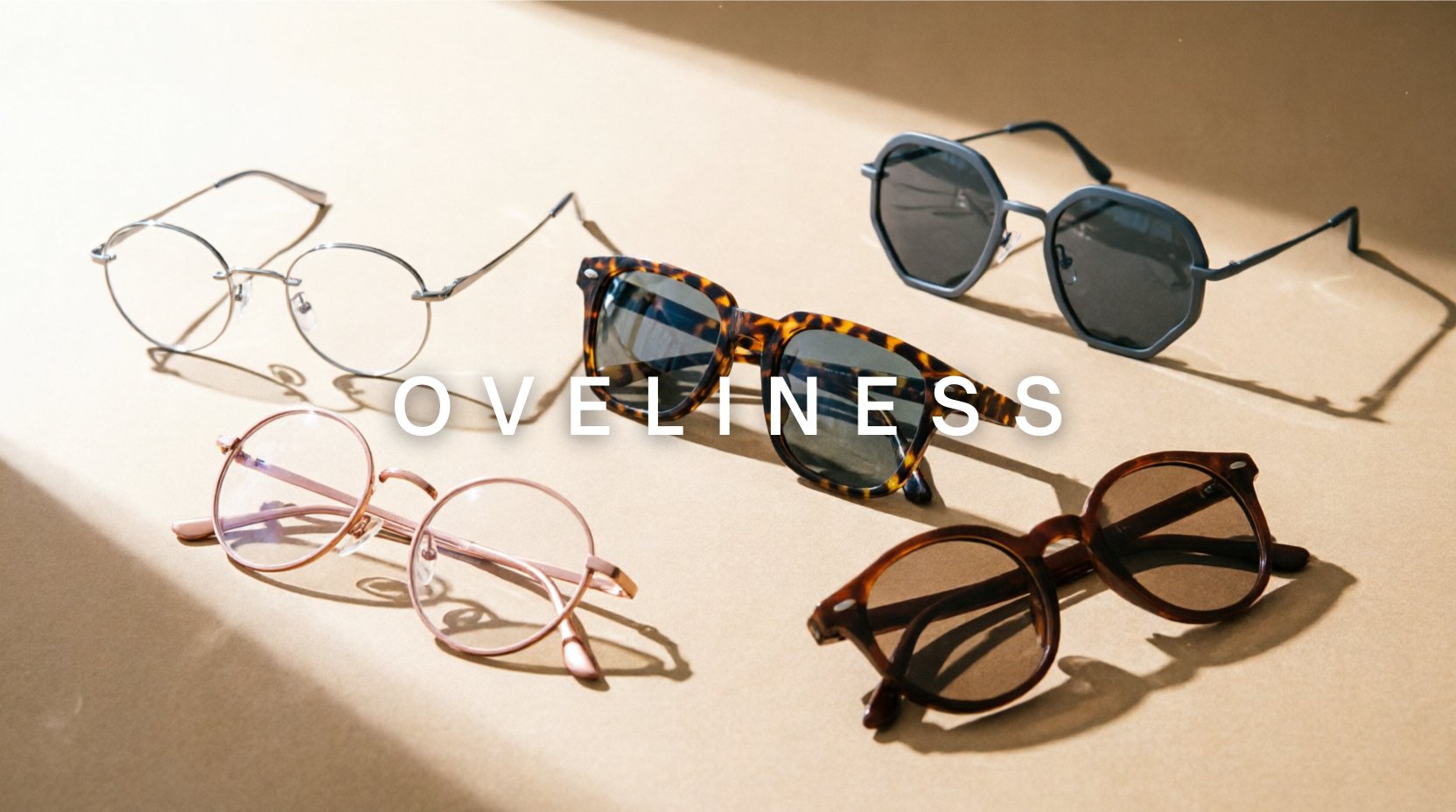 FuzWeb Oveliness collection featuring titanium rimless polygon double bridge and acetate square eyeglasses on warm sand-beige background with bright natural lighting