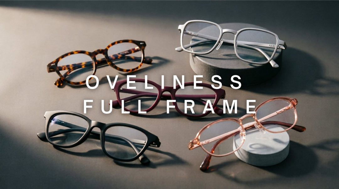 FuzWeb Oveliness full frame collection featuring acetate titanium full rim and semi-rim eyeglasses in round square cat-eye styles on charcoal-warm gray studio background with soft side-right lighting