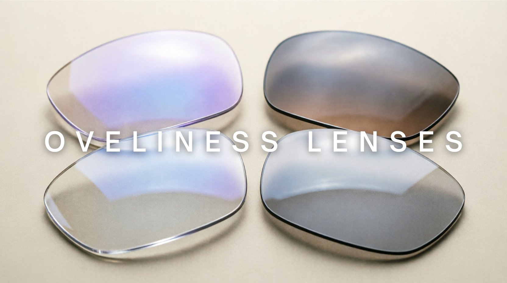 FuzWeb Oveliness lenses collection featuring polarized photochromic single vision and high-index customizable lenses on champagne-gray studio background with soft overhead lighting