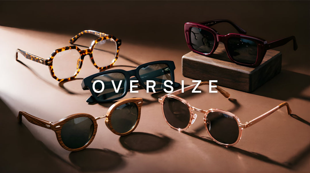 FuzWeb Oversize collection featuring acetate alloy TR90 oversized eyeglasses and sunglasses in polygon square cat-eye and round styles on espresso-brown studio background with dramatic side-left lighting