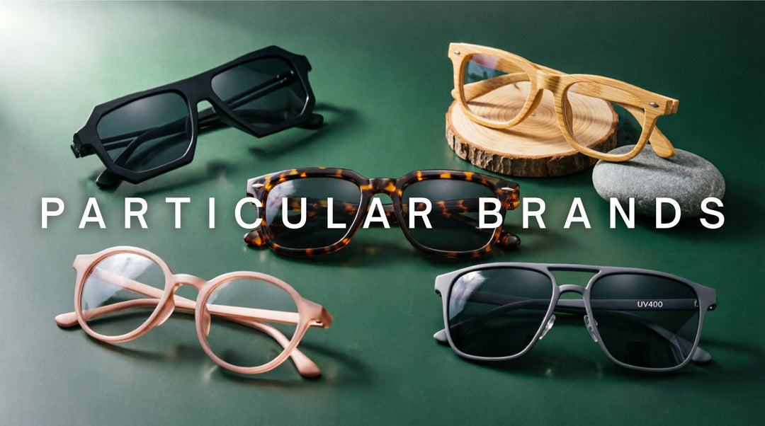 FuzWeb Particular Brands collection featuring polarized alloy polycarbonate bamboo wood eyeglasses in punk classic round and square styles on forest green studio background with soft diffused lighting