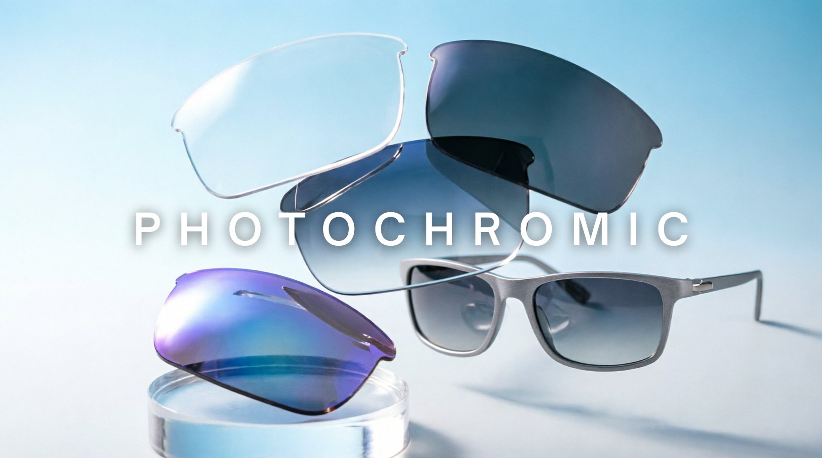 FuzWeb Photochromic collection featuring adaptive single vision progressive polarized and anti-blue light lenses on sky-blue gray gradient studio background with natural lighting