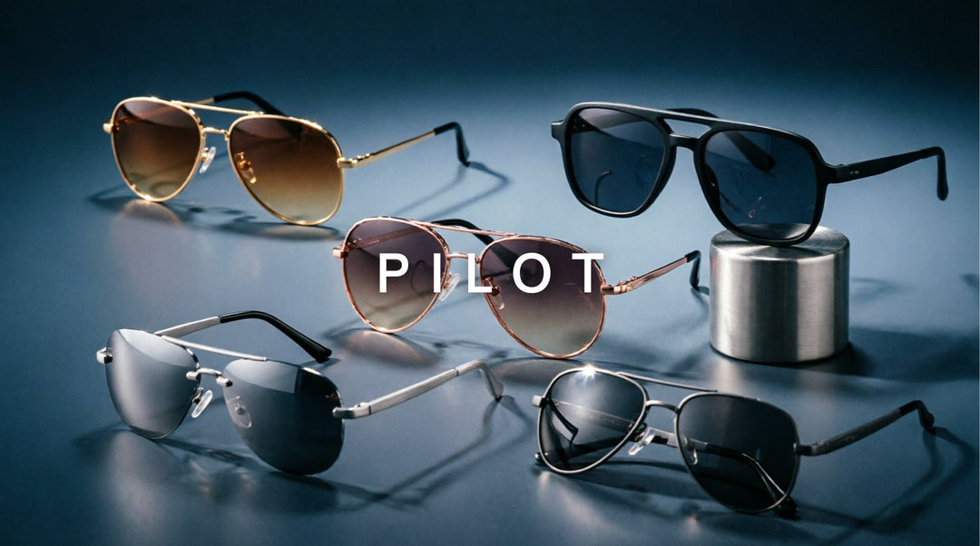 FuzWeb Pilot collection featuring aviator alloy titanium polarized sunglasses in classic square diamond and rimless pilot styles on navy-blue gray studio background with dramatic side-right lighting