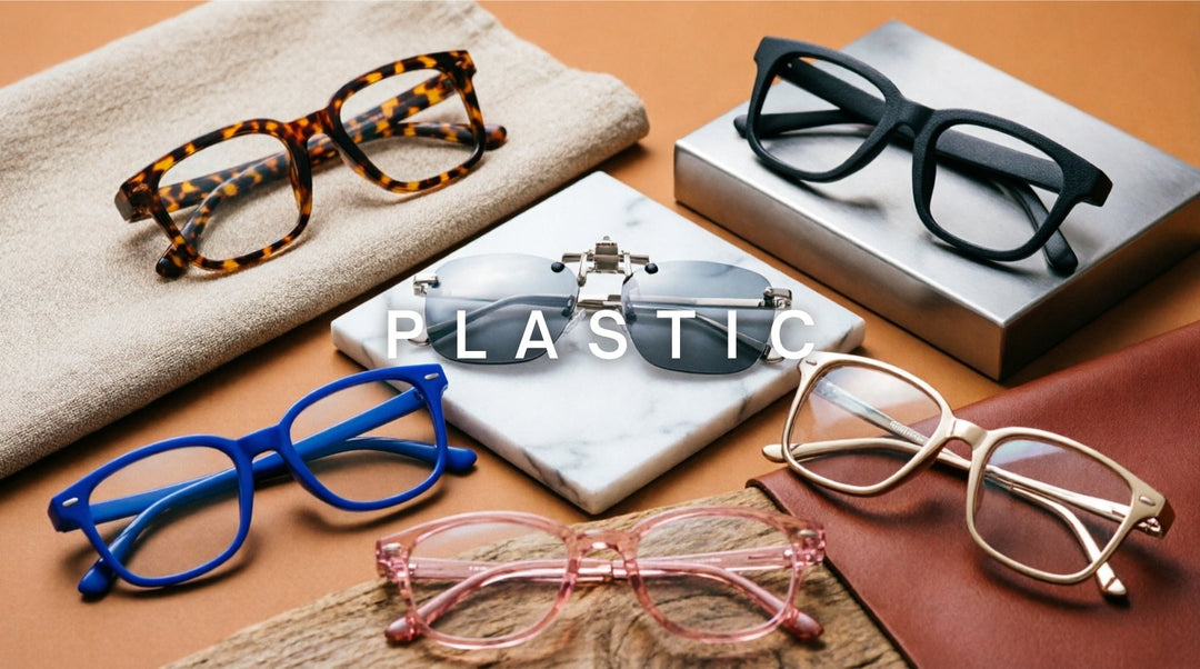 FuzWeb Plastic eyewear collection featuring PC resin acetate TR90 frames in square unisex clip-on ultra-light styles on clay-amber professional studio background with editorial lighting