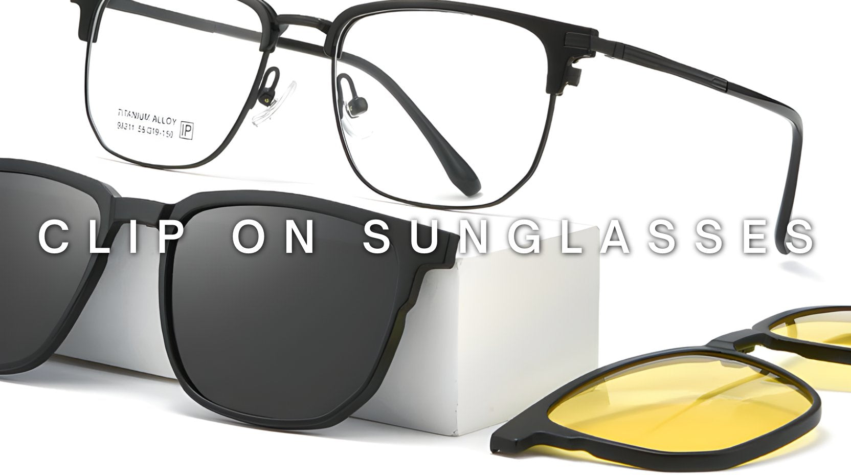 FuzWeb eyeglasses with polarized clip-on sunglasses: black acetate, tortoise shell, and clear frames with attached dark clip-ons featuring visible metal clip mechanisms on white slate background.