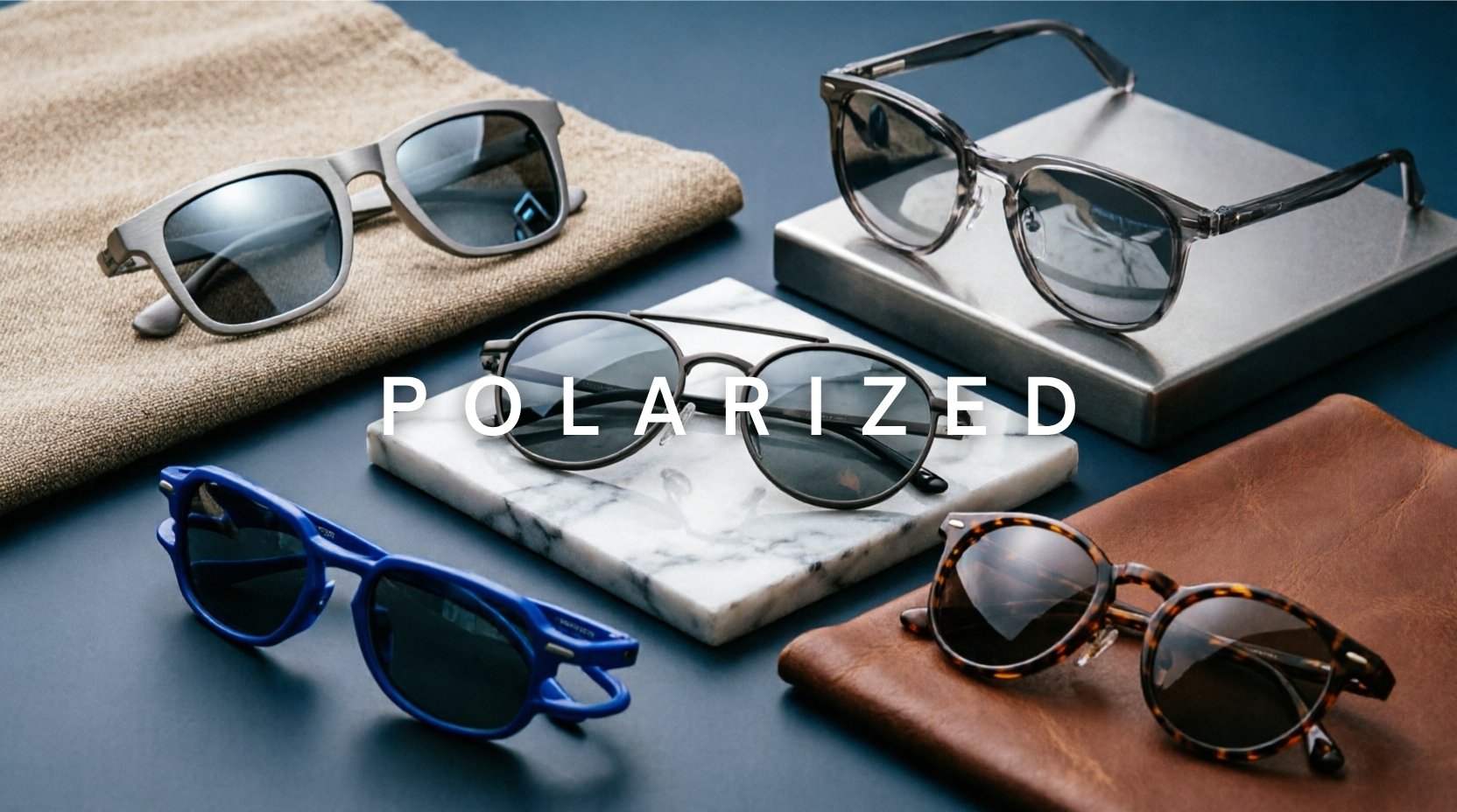 FuzWeb Polarized collection featuring titanium acetate TR90 eyewear in single vision photochromic double bridge styles on coastal-blue gray professional studio background with editorial lighting