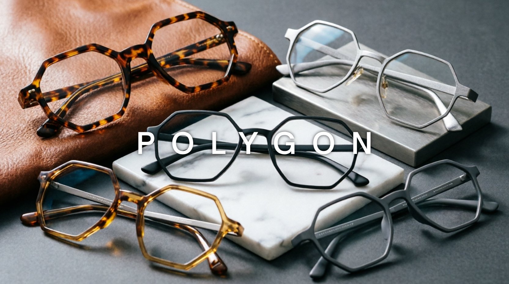 FuzWeb Polygon eyeglasses collection featuring titanium acetate alloy frames in hexagonal octagonal pentagonal geometric styles on graphite-gray professional studio background with editorial lighting