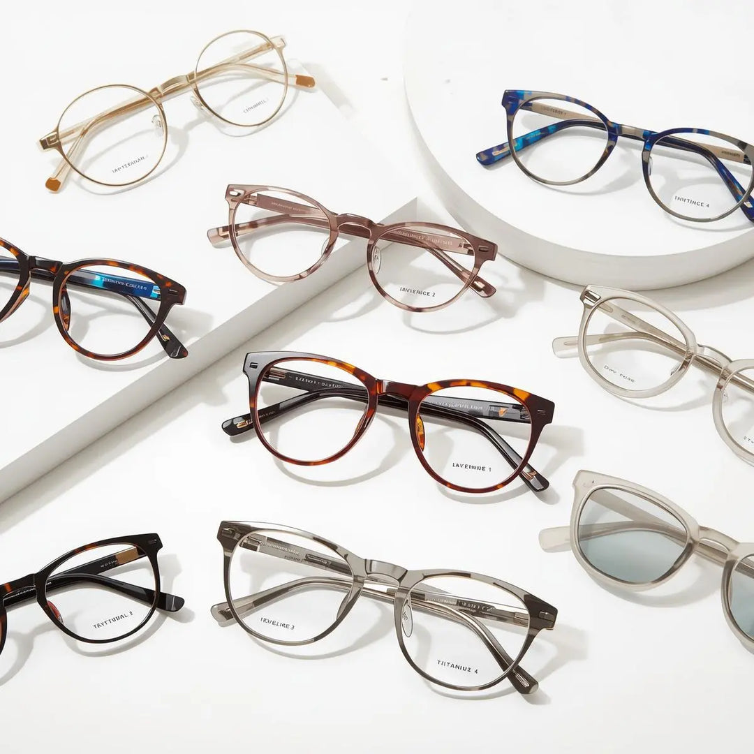 Prescription eyewear collection — acetate titanium alloy round square and irregular frames with progressive and transition lens options — FuzWeb