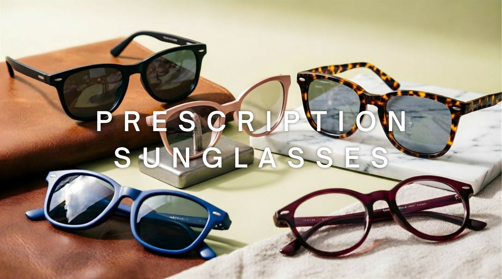 FuzWeb Prescription sunglasses collection featuring TR90 alloy resin polarized UV400 frames in square cat-eye oversized rimless styles on sunstone-gray professional studio background with editorial lighting