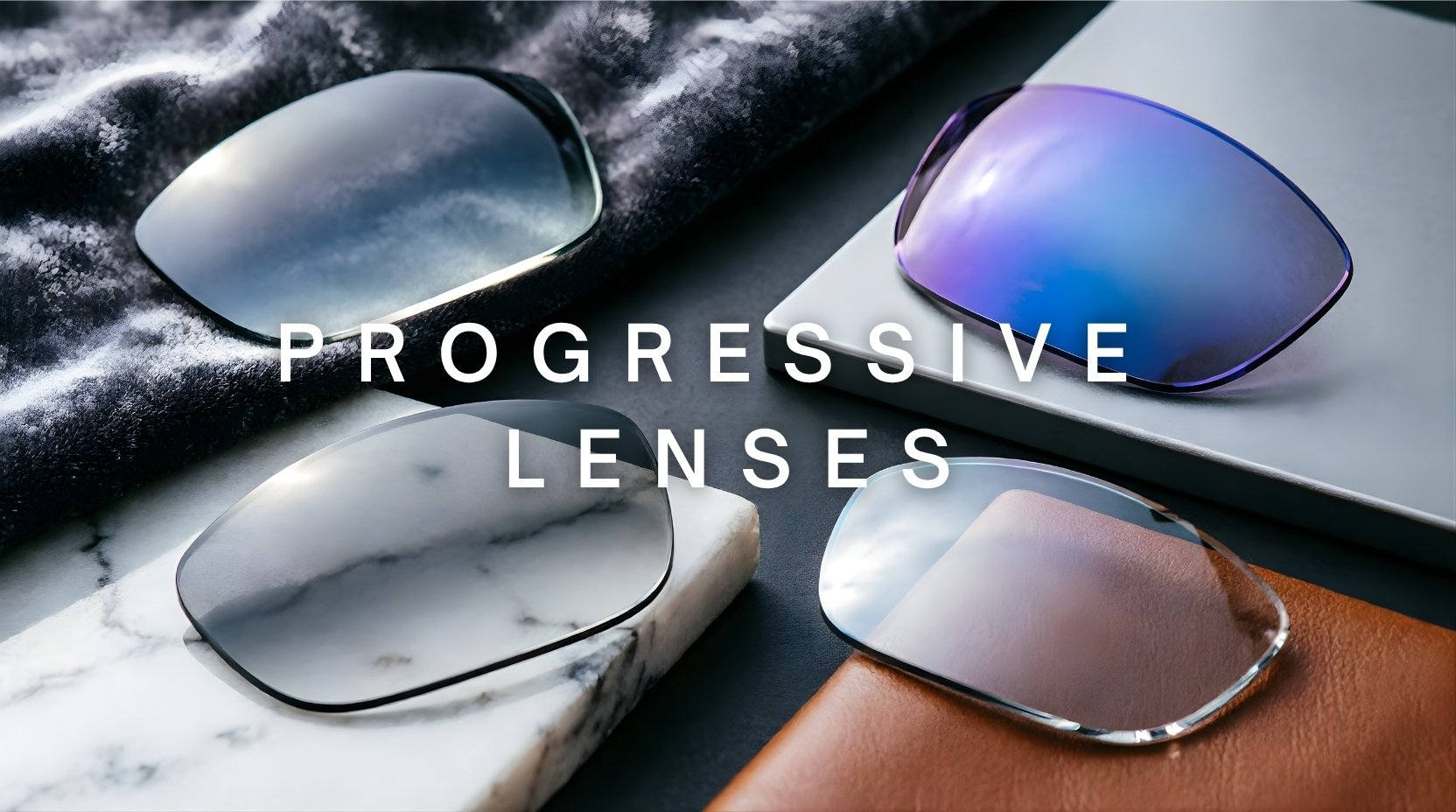 FuzWeb Progressive lenses collection featuring macro detail shots of anti-blue photochromic high-index progressive lenses on slate-charcoal professional studio background with editorial lighting
