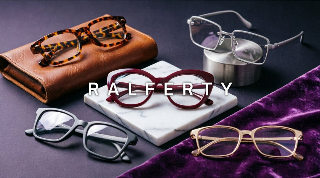 FuzWeb Ralferty eyeglasses collection featuring acetate alloy TR90 frames in full-rim rimless oversized rectangular square cat-eye styles on charcoal-plum professional studio background with editorial lighting