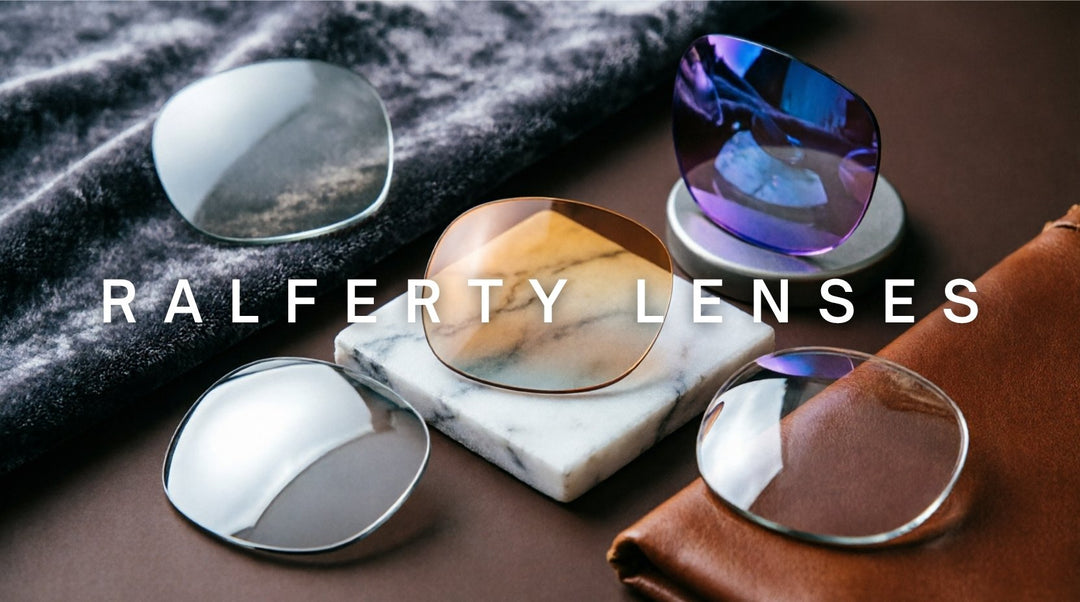 FuzWeb Ralferty lenses collection featuring gradient anti-blue polarized high-index aspheric lenses on espresso-gray professional studio background with editorial lighting