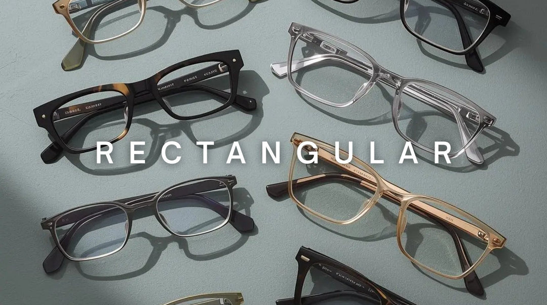 FuzWeb Rectangular collection featuring titanium acetate TR90 eyeglasses in oversized slim geometric classic styles on charcoal-brown professional studio background with editorial lighting