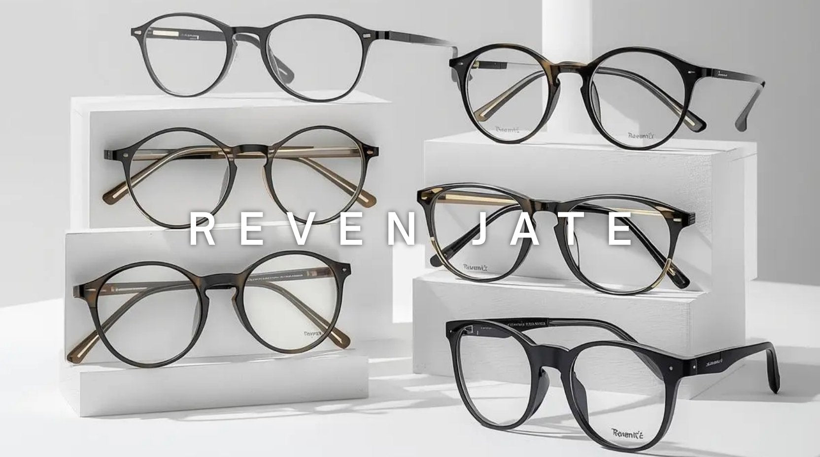 FuzWeb Reven Jate eyeglasses collection featuring titanium acetate TR90 frames in full-rim semi-rim square cat-eye round polygon styles on slate-gray professional studio background with editorial lighting