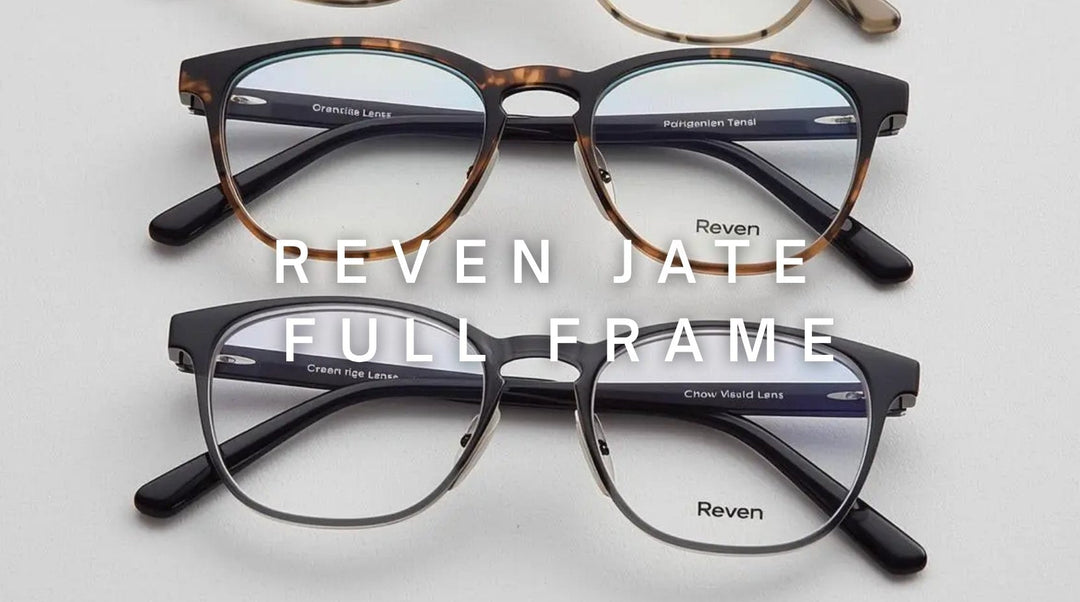 FuzWeb Reven Jate full frame collection featuring acetate titanium alloy eyeglasses in square round cat-eye oval geometric styles on charcoal-gray professional studio background with editorial lighting