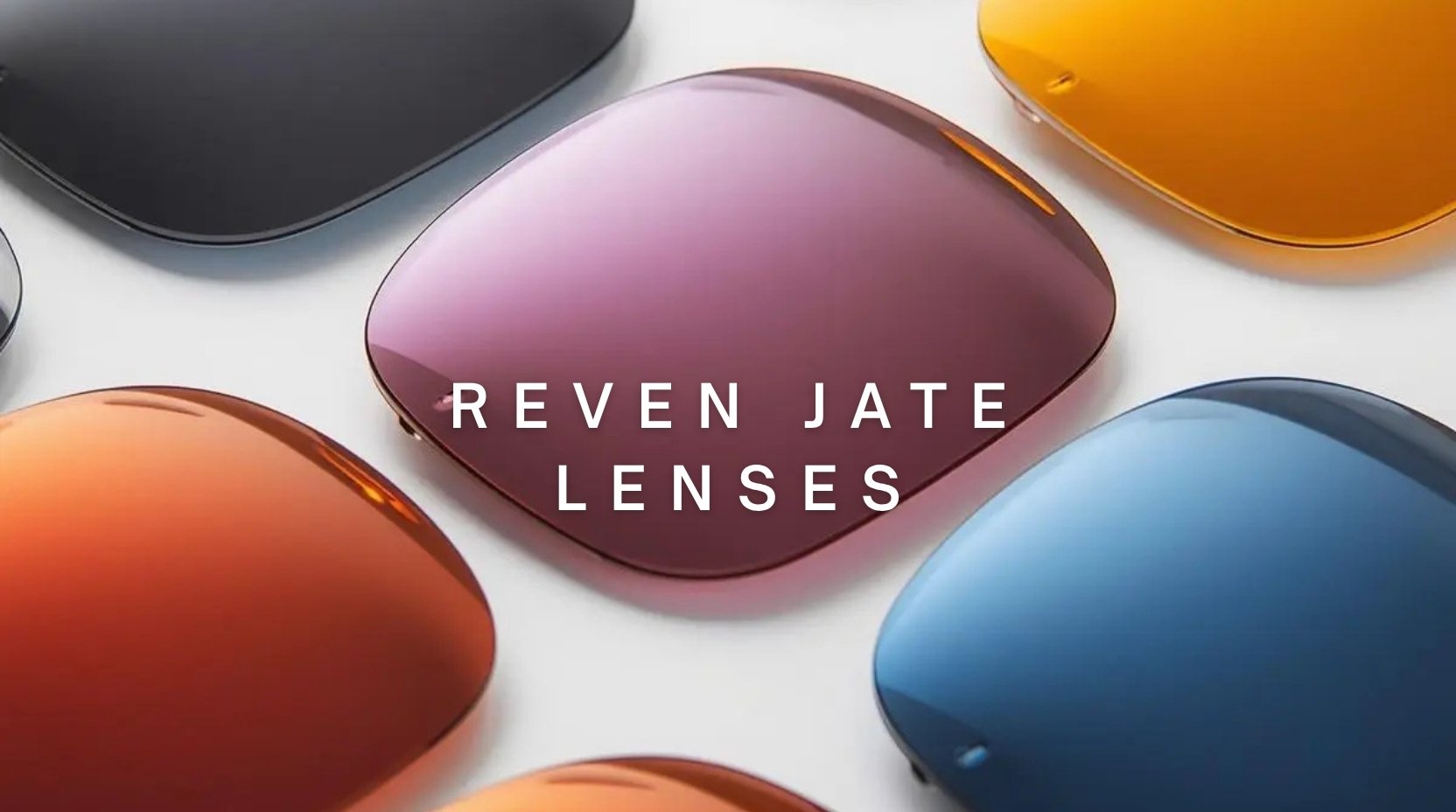 FuzWeb Reven Jate lenses collection featuring photochromic anti-blue progressive polarized aspheric high-index lenses on sapphire-blue gray studio background with soft diffused lighting