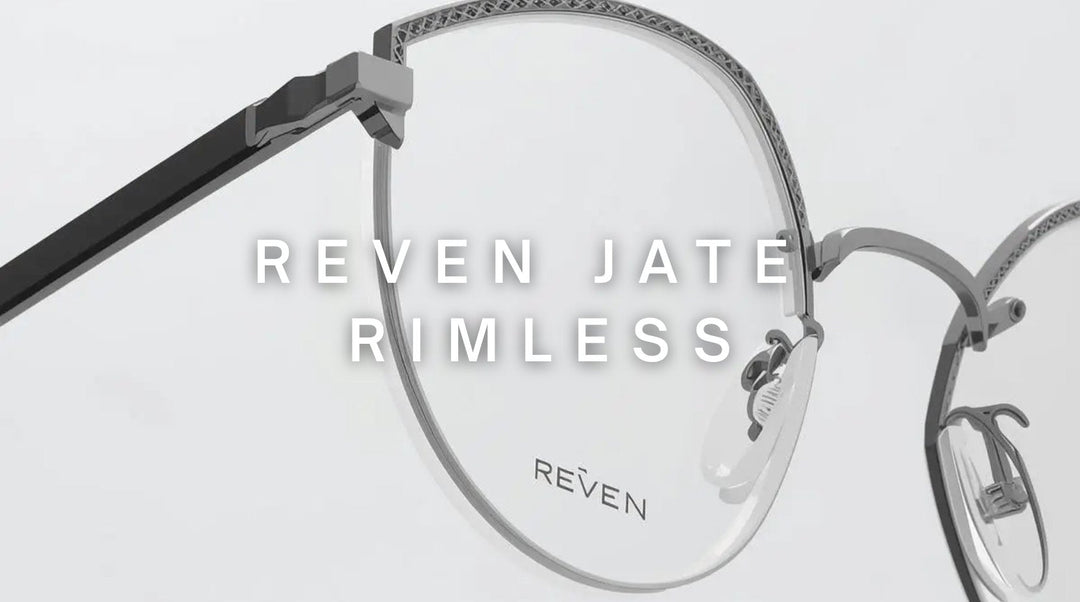 FuzWeb Reven Jate rimless collection featuring titanium alloy diamond-cut eyeglasses in rectangular rounded oval square geometric styles for men women on silver-diamond gray studio background with soft diffused lighting
