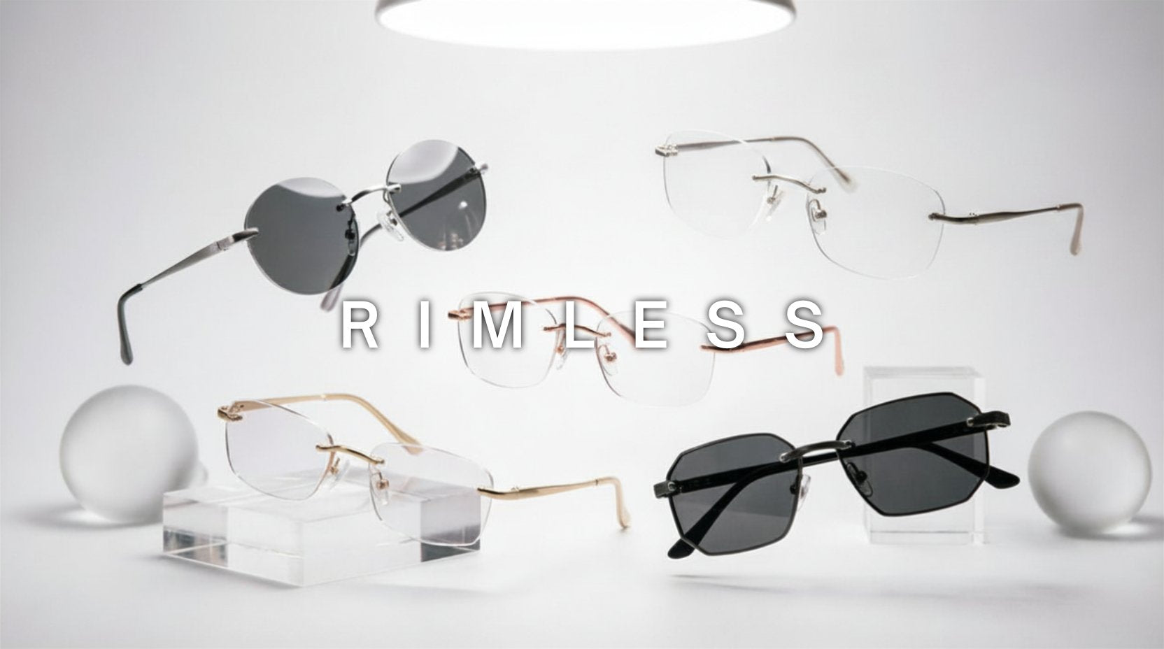 FuzWeb Rimless collection featuring titanium polarized UV400 eyeglasses and sunglasses in round square oval rectangle styles with invisible frame design on platinum-white studio background with soft diffused lighting