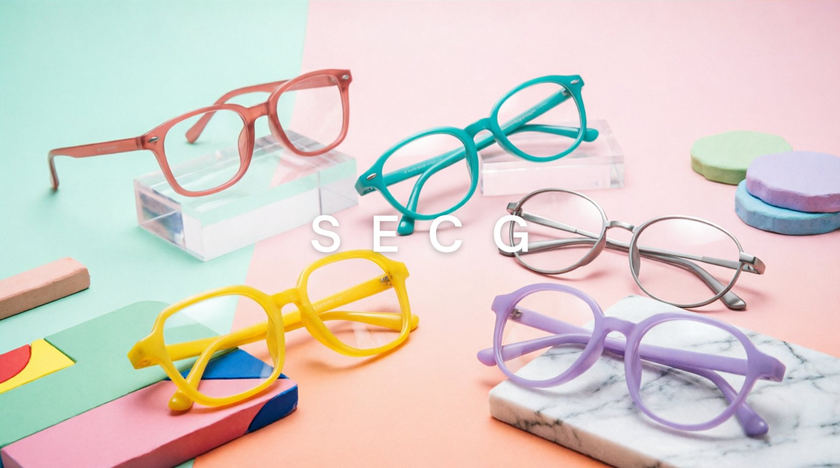 FuzWeb Secg collection featuring TR90 acetate titanium youth eyeglasses in full-rim oval square round geometric styles on mint-coral gradient studio background with soft diffused lighting