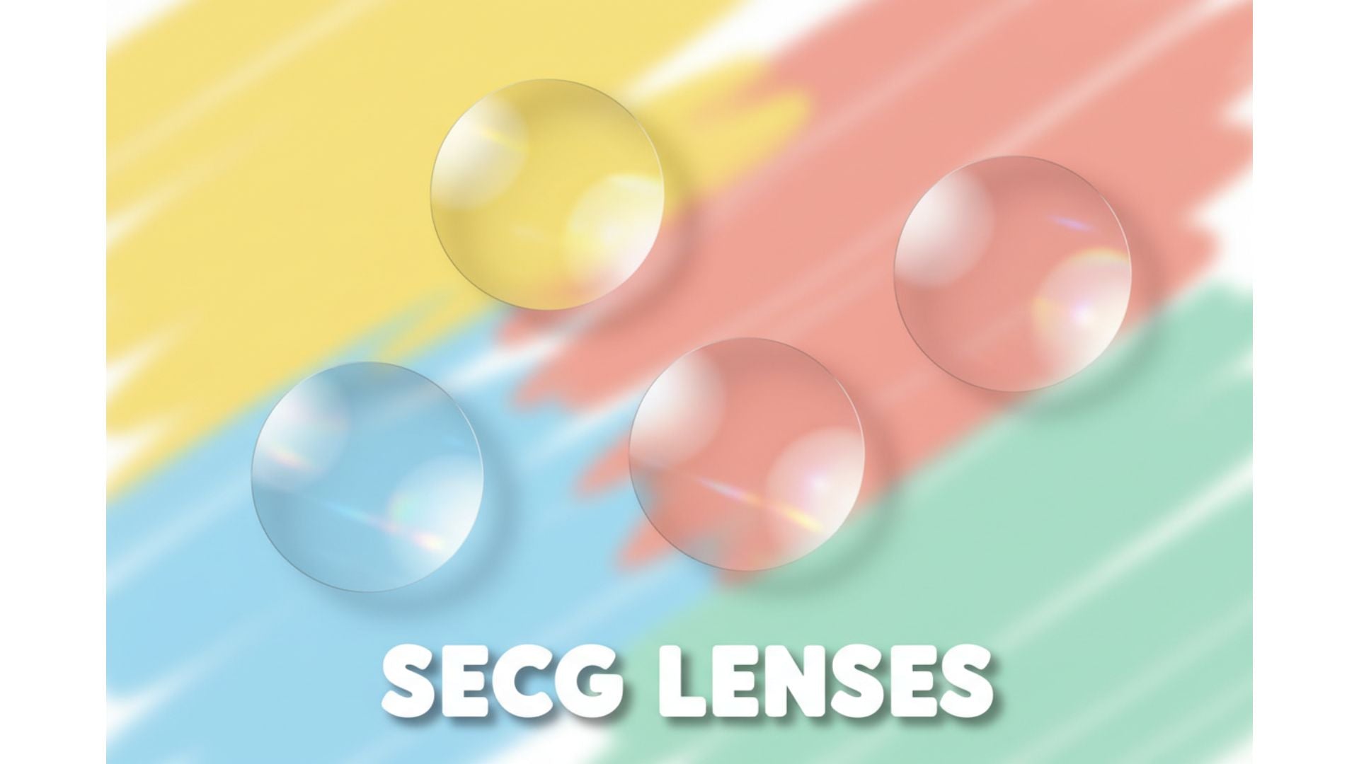 Four clear uncut round Secg CR-39 optical lens blanks arranged playfully on a colorful background, representing the Secg children's single vision lens collection available at FuzWeb