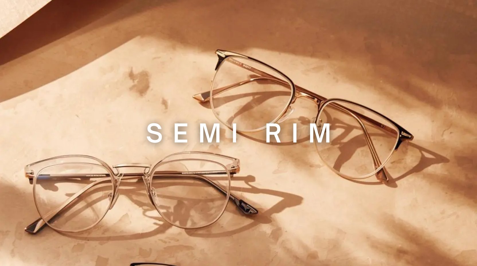 FuzWeb Semi Rim collection featuring titanium TR90 alloy eyeglasses in oval cat-eye square geometric semi-rimless styles on pearl-silver gray studio background with soft diffused lighting