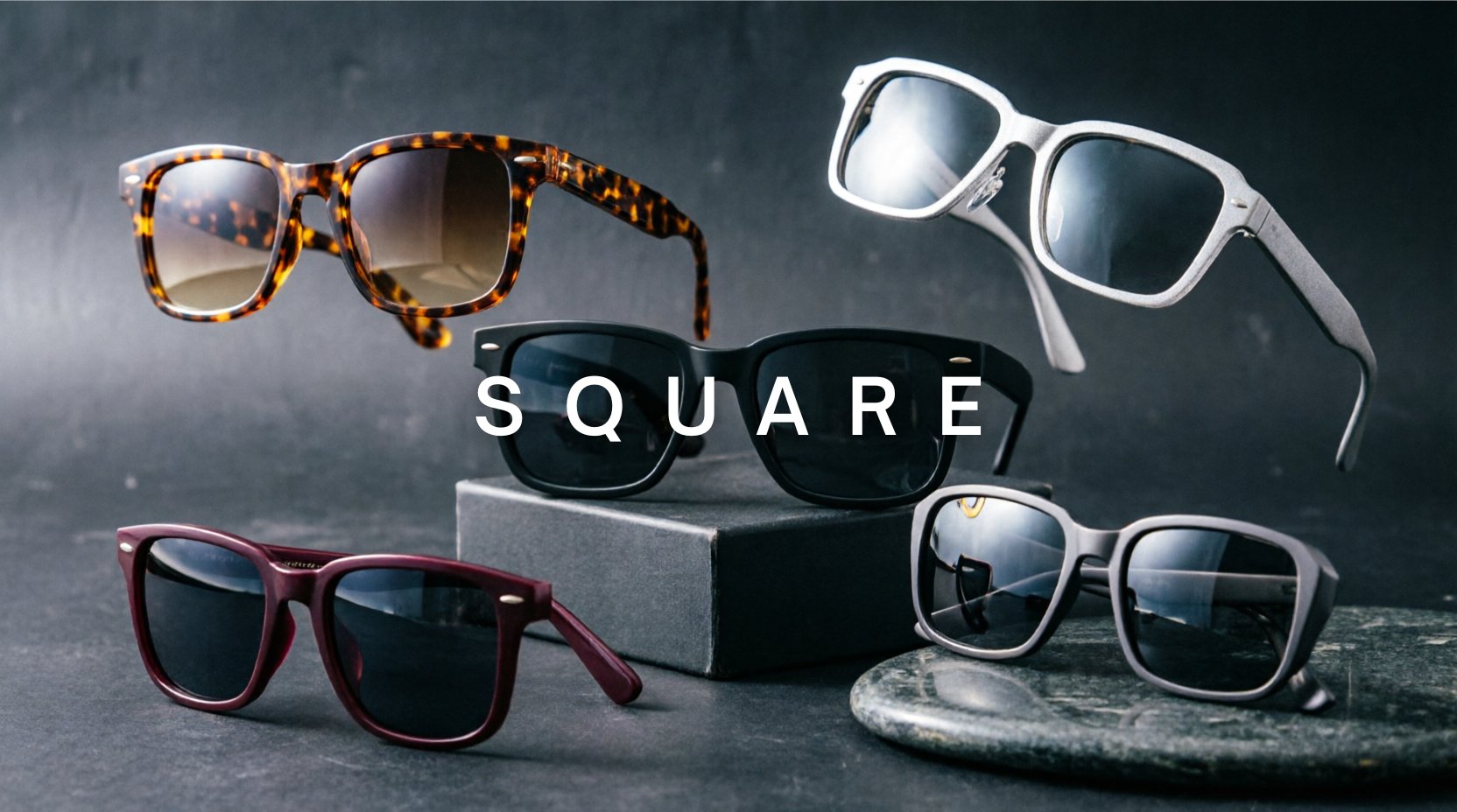 FuzWeb Square sunglasses collection featuring resin TR90 alloy polarized UV400 eyewear in full-rim rimless oversized styles on charcoal-slate gray studio background with soft diffused lighting