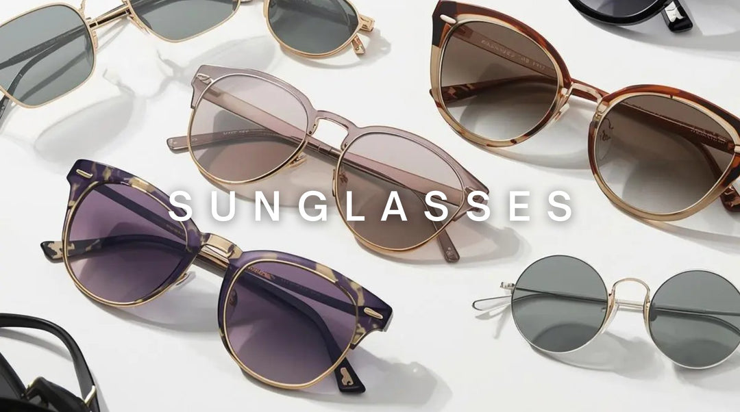 FuzWeb Sunglasses collection featuring titanium resin TR90 polarized UV400 eyewear in cat-eye square round oversized rimless styles on sand-beige studio background with bright natural lighting
