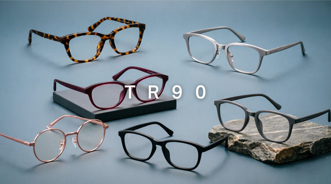 FuzWeb TR 90 eyewear collection featuring acetate titanium alloy frames in full-rim semi-rim double bridge square cat-eye oval styles on slate-blue gray studio background with soft balanced lighting