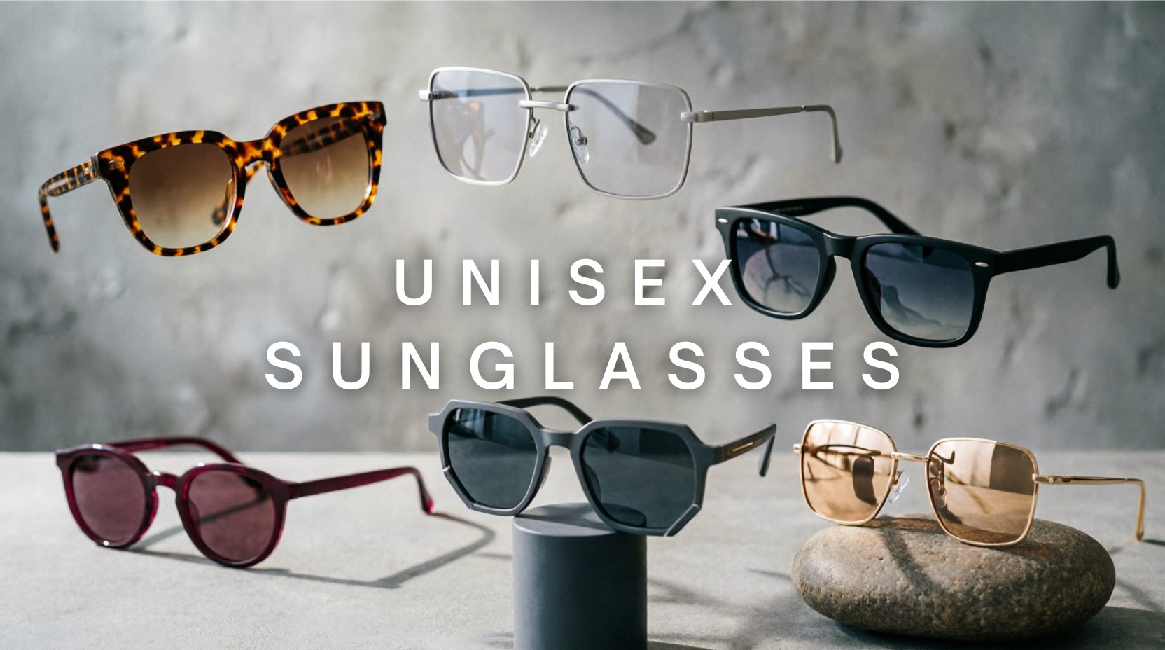 FuzWeb Unisex sunglasses collection featuring resin titanium acetate polarized UV400 eyewear in square cat-eye rimless oversized styles on stone-gray studio background with natural lighting