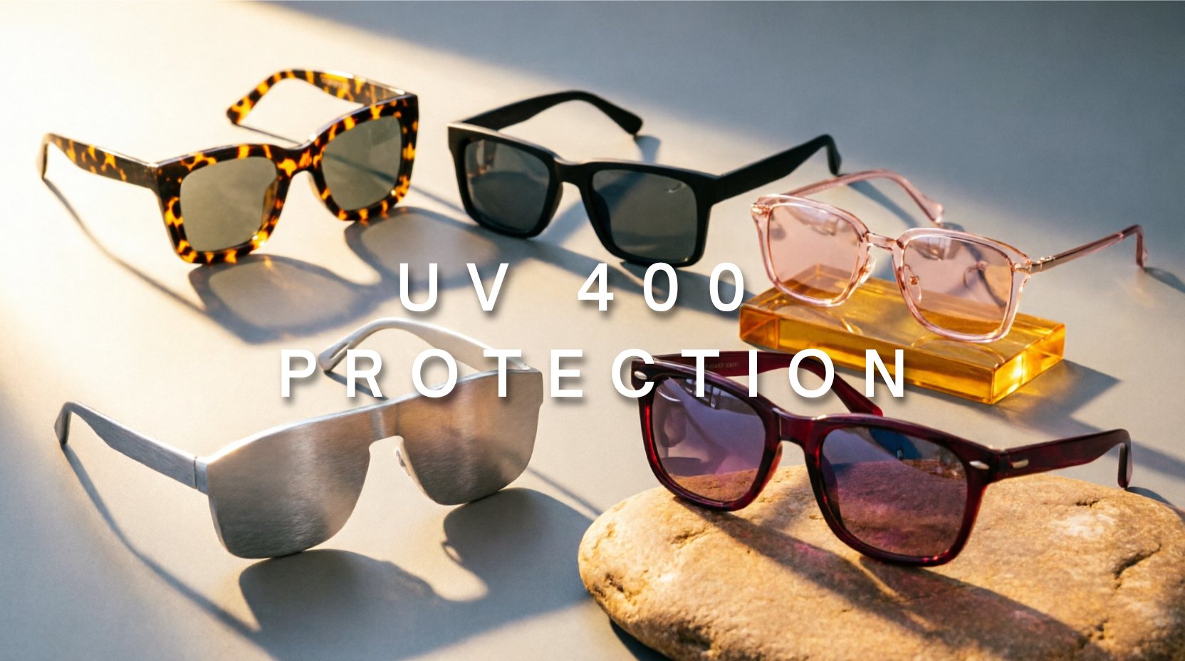 FuzWeb UV 400 protection collection featuring resin alloy TR90 acetate sunglasses in cat-eye square rimless oversized styles on golden-amber gray studio background with bright natural lighting