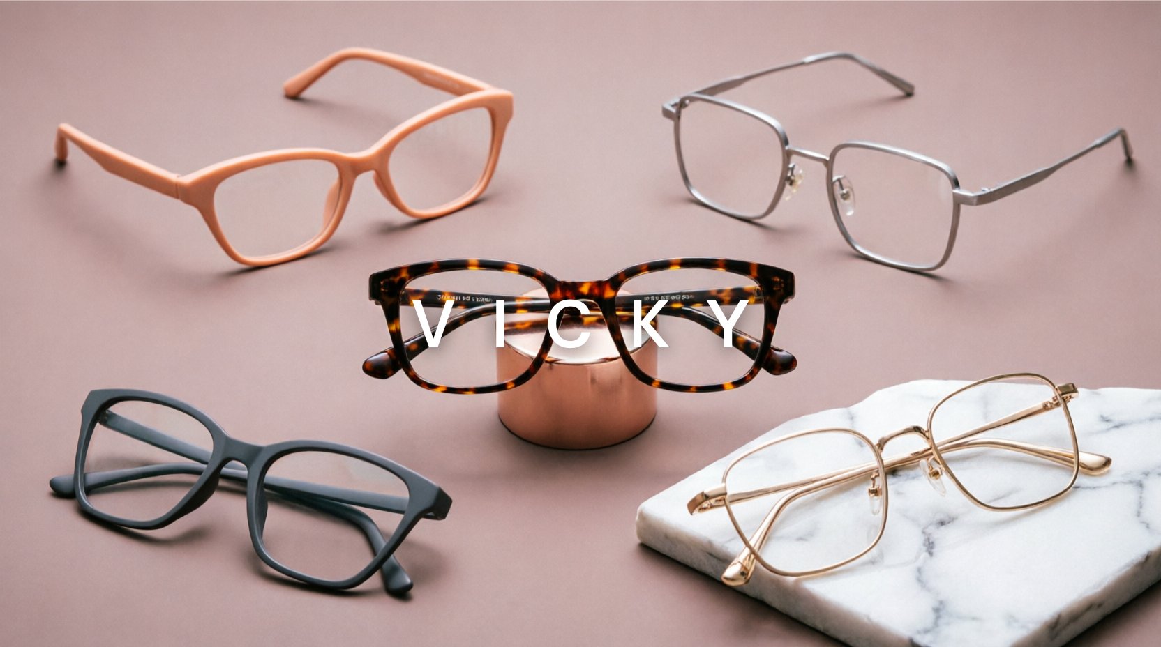 FuzWeb Vicky collection featuring TR90 titanium alloy reading glasses in cat-eye square geometric styles for all genders on soft-rose gray studio background with soft balanced lighting