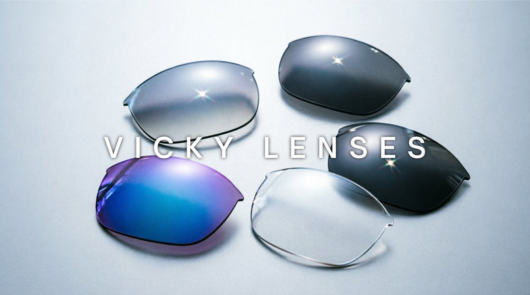 FuzWeb Vicky lenses collection featuring progressive polarized anti-blue light photochromic and clear aspheric lenses on silver-gray studio background with soft diffused lighting