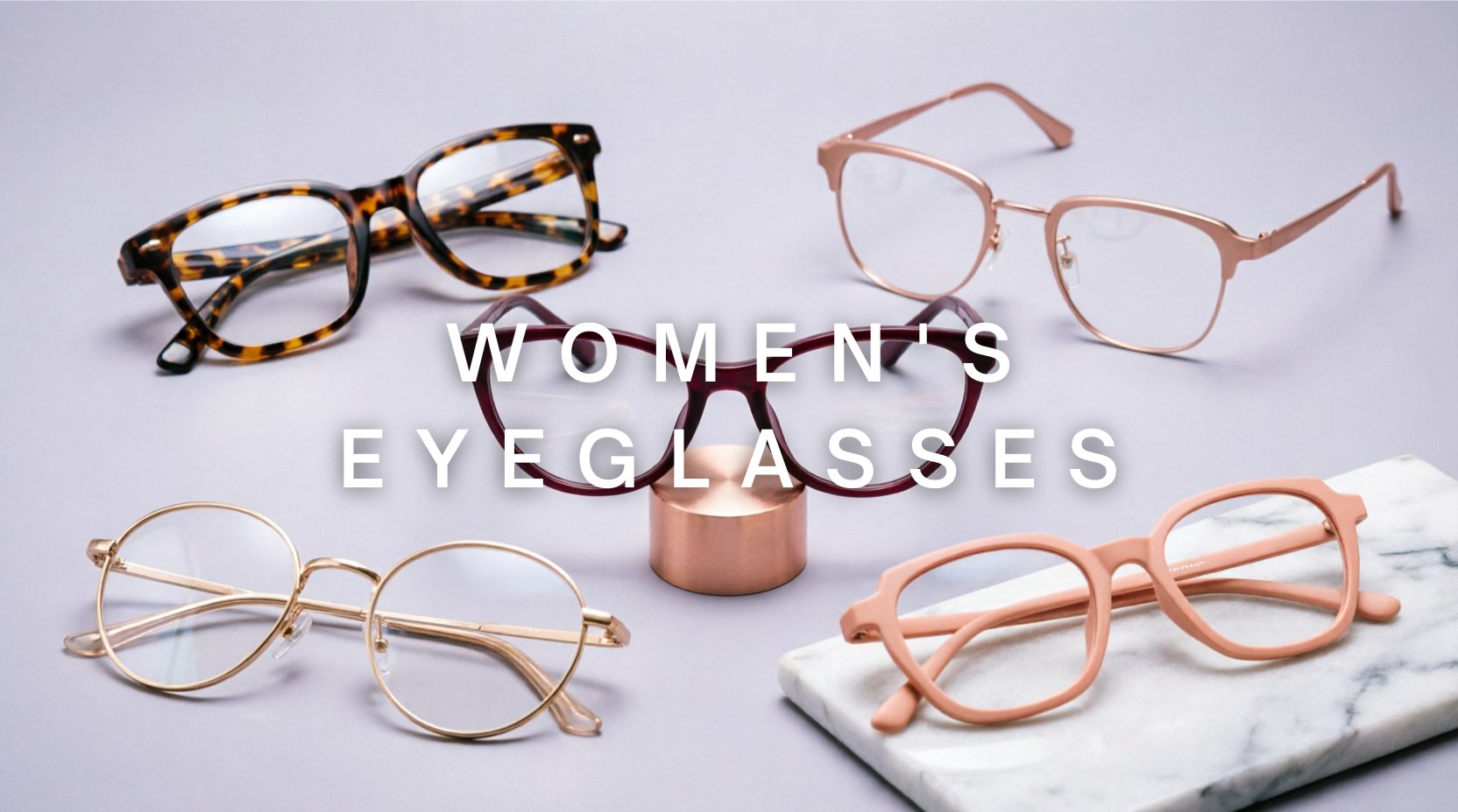 FuzWeb Women's eyeglasses collection featuring titanium TR90 acetate frames in full-rim semi-rim square cat-eye round styles on pearl-lavender gray studio background with soft diffused lighting