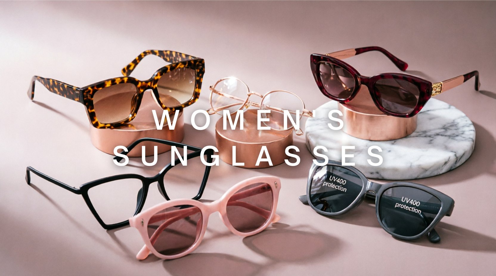 FuzWeb Women's sunglasses collection featuring acetate alloy polarized eyewear in oversized square oval cat-eye triangle styles on blush-rose gray studio background with soft diffused lighting