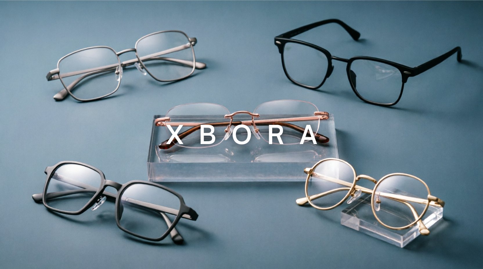 FuzWeb Xbora collection featuring titanium alloy eyeglasses in full rim semi-rim rimless styles square oval round geometric on steel-blue gray studio background with soft balanced lighting