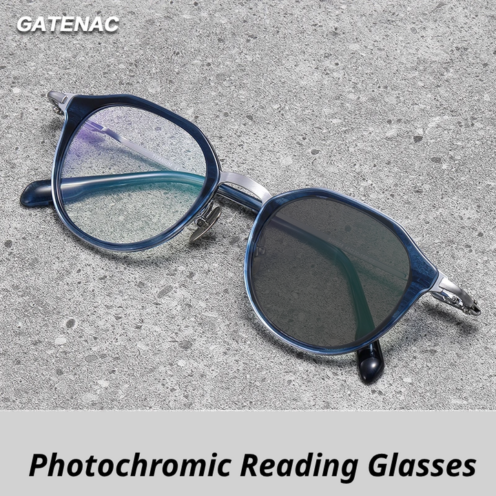 Gatenac Unisex Full Rim Oval Titanium Acetate Photochromic Reading Glasses 860058